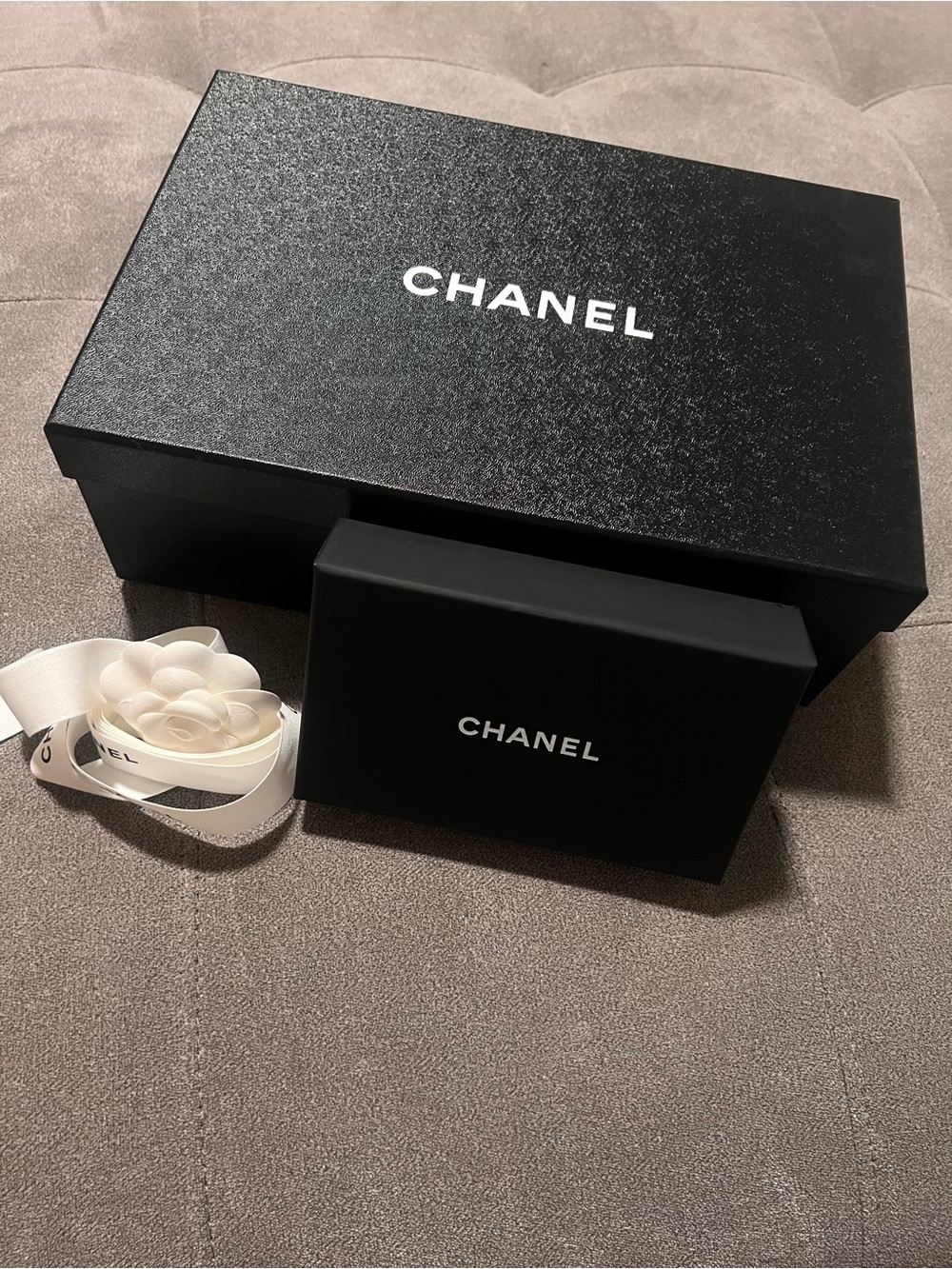 CHANEL Black and White Logo Gift Box Set with Camellia Accent